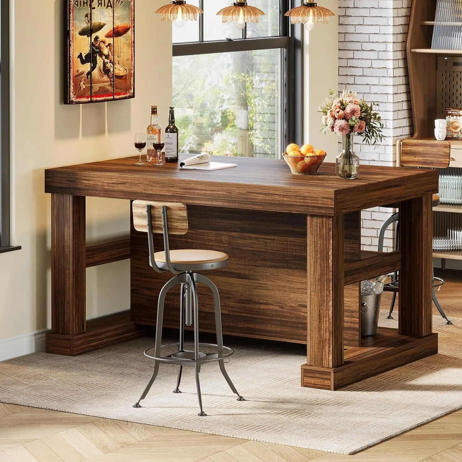 55" Home Bar Unit, 3-Tier Pub Table Liquor Cabinet with Storage Shelves