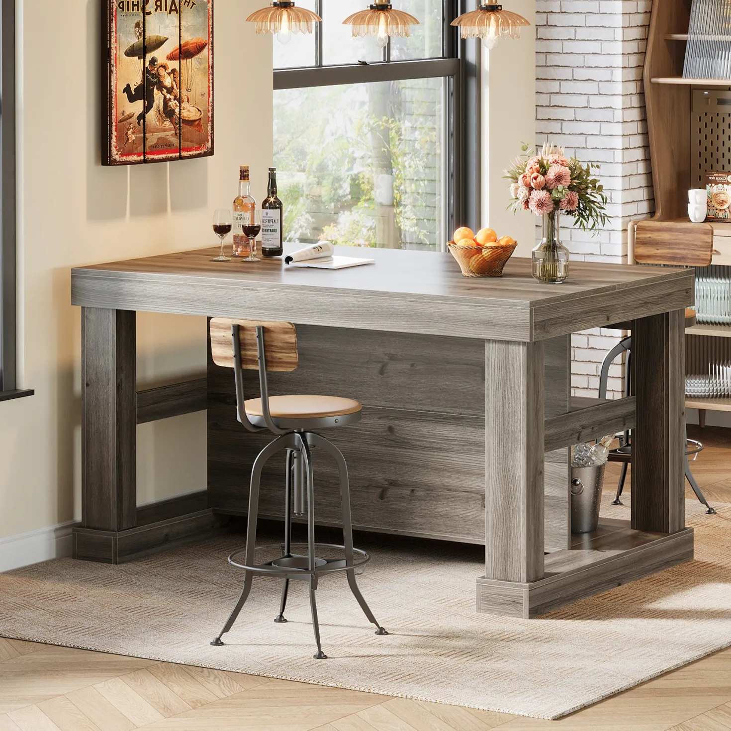 55" Home Bar Unit, 3-Tier Pub Table Liquor Cabinet with Storage Shelves