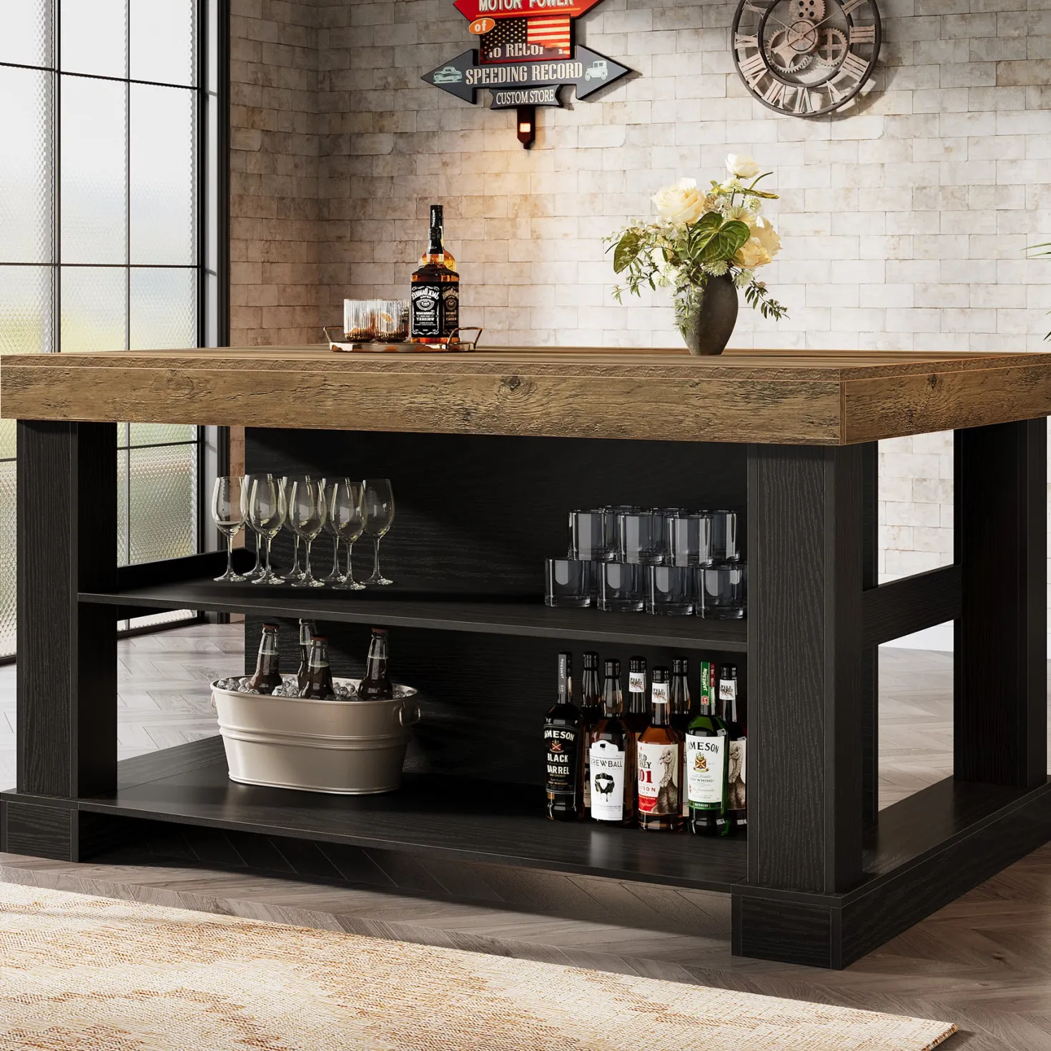 55" Home Bar Unit, 3-Tier Pub Table Liquor Cabinet with Storage Shelves