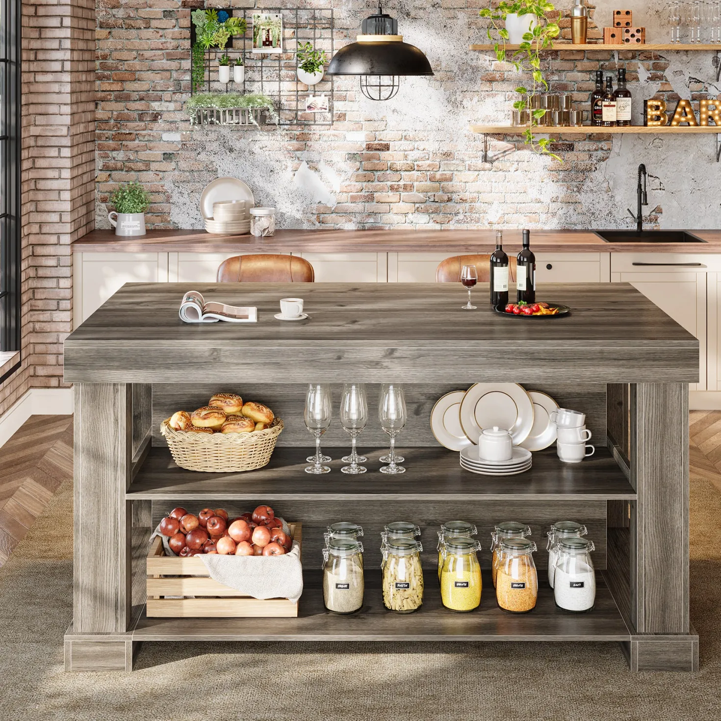 55" Home Bar Unit, 3-Tier Pub Table Liquor Cabinet with Storage Shelves