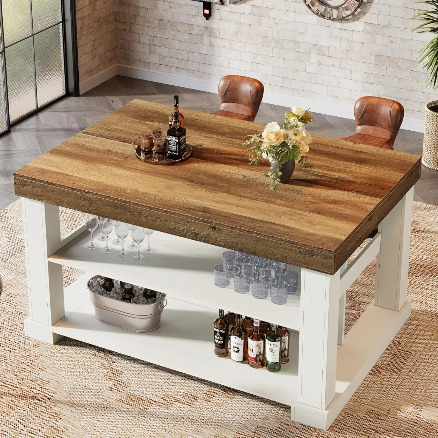 55" Home Bar Unit, 3-Tier Pub Table Liquor Cabinet with Storage Shelves