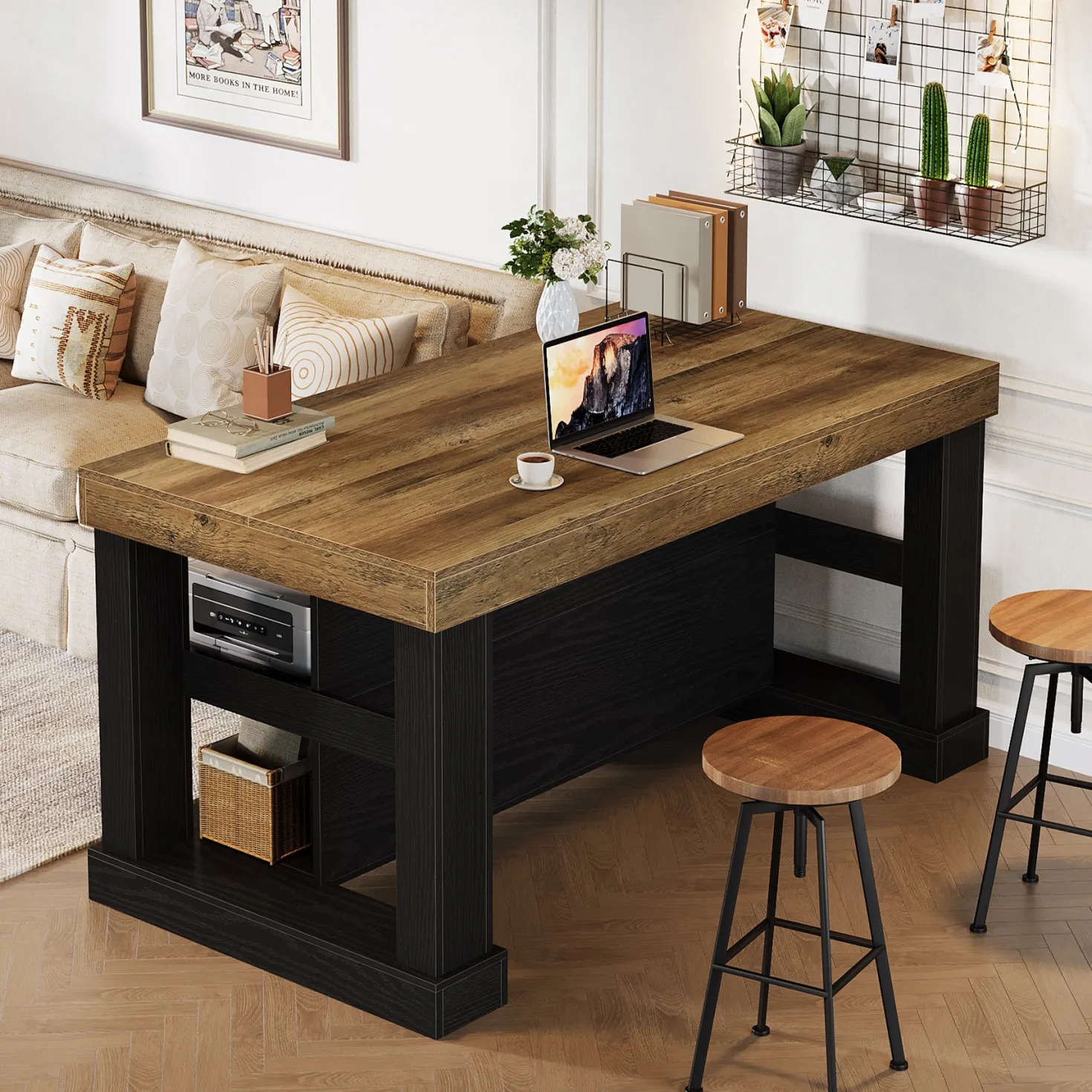 55" Home Bar Unit, 3-Tier Pub Table Liquor Cabinet with Storage Shelves
