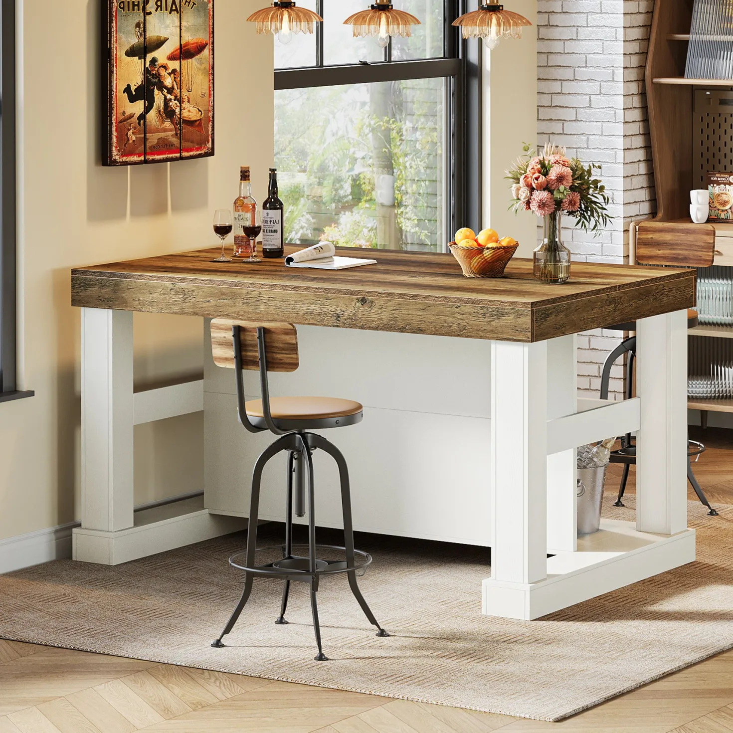 55" Home Bar Unit, 3-Tier Pub Table Liquor Cabinet with Storage Shelves