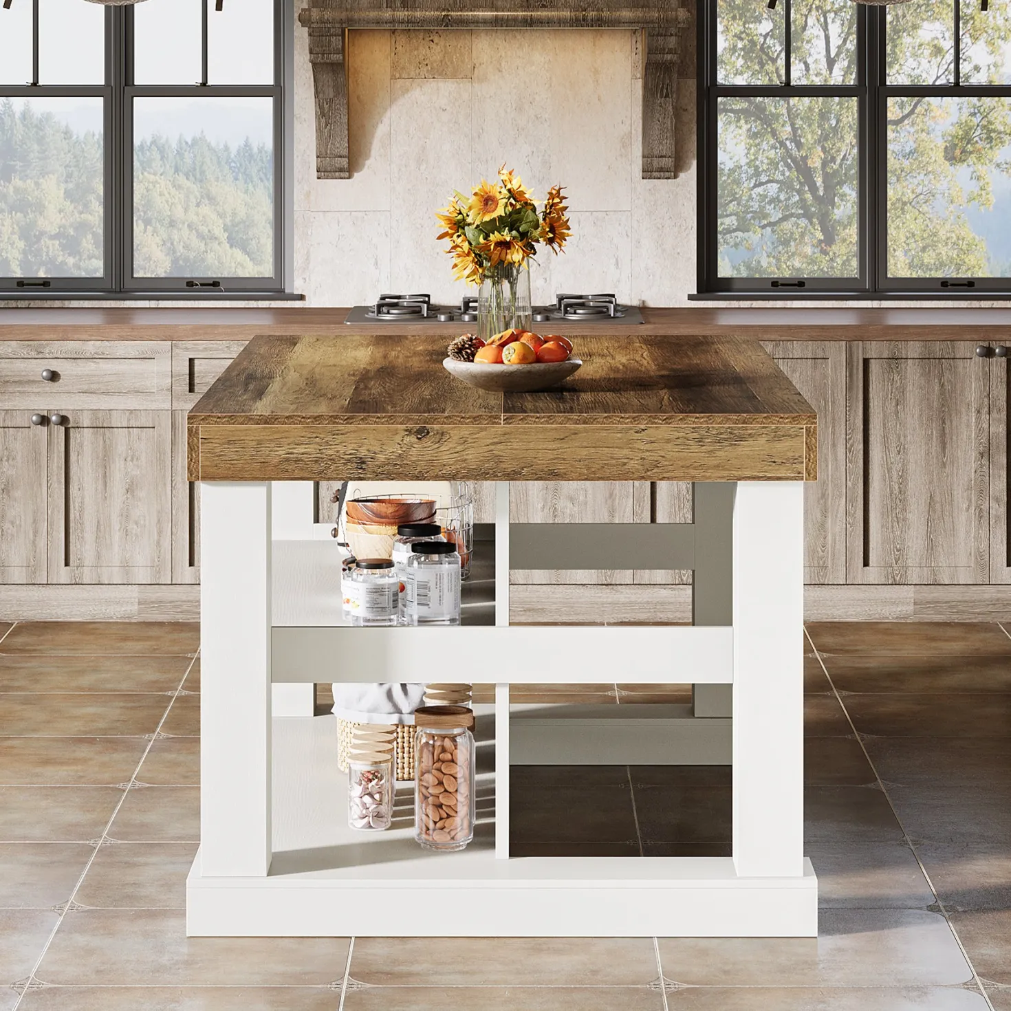 55" Home Bar Unit, 3-Tier Pub Table Liquor Cabinet with Storage Shelves