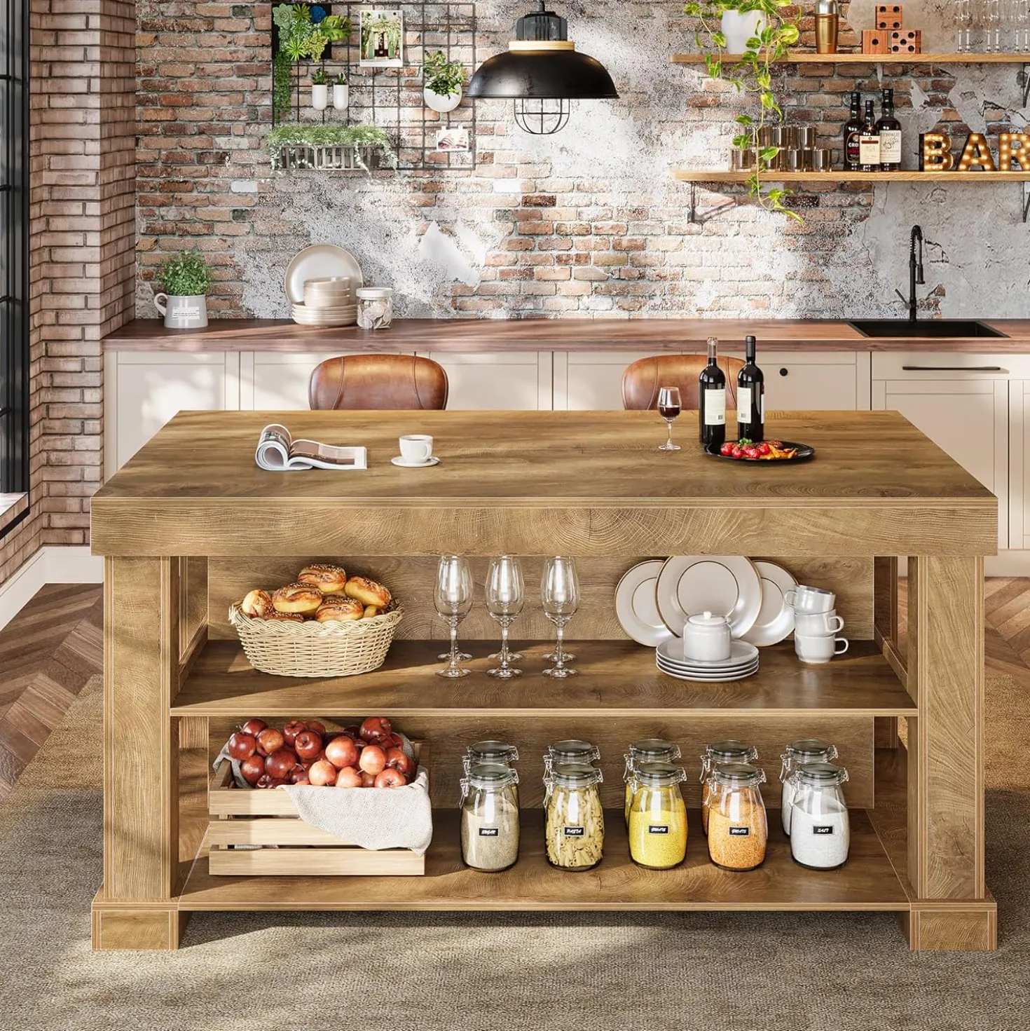 55" Home Bar Unit, 3-Tier Pub Table Liquor Cabinet with Storage Shelves