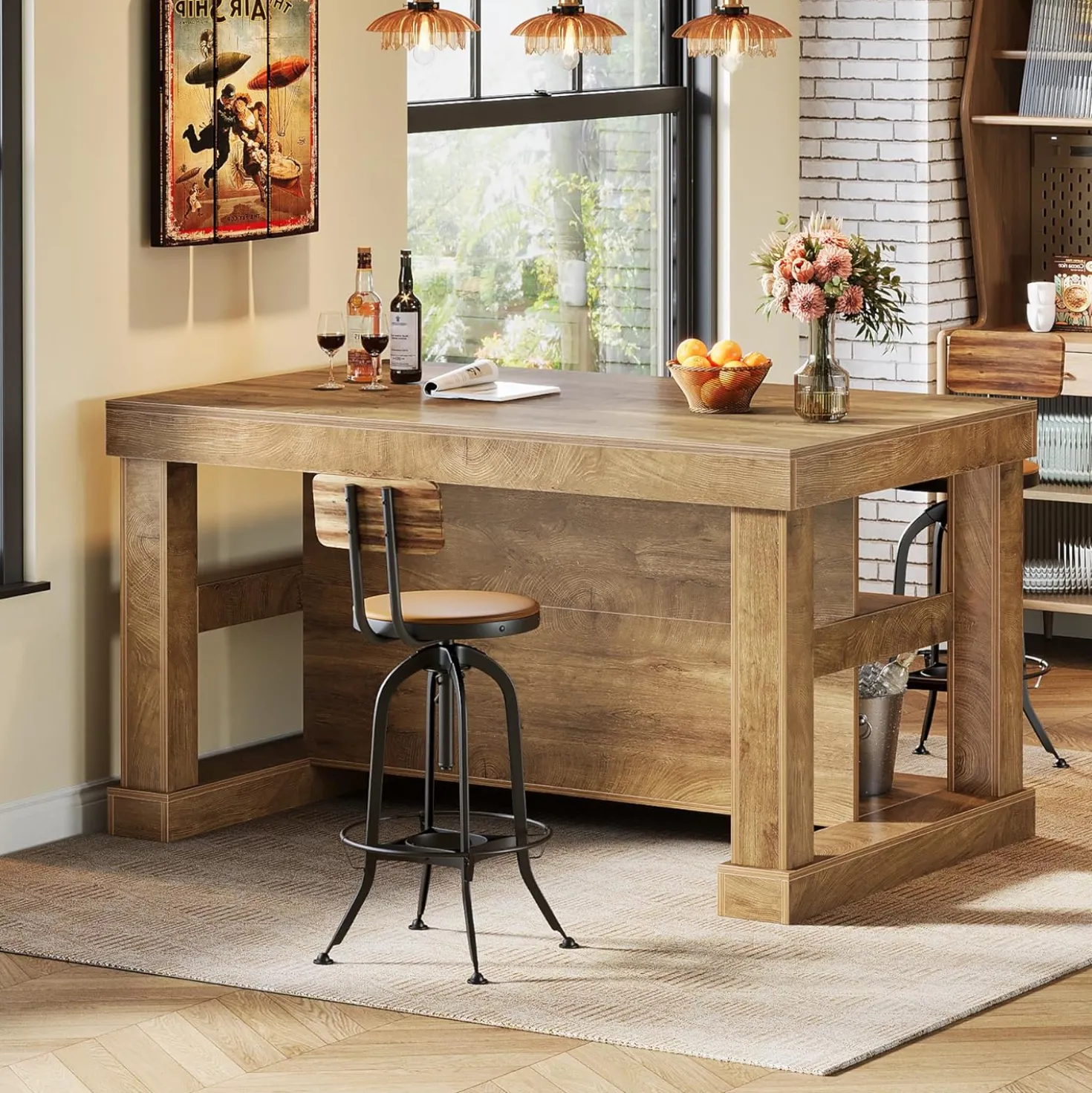 55" Home Bar Unit, 3-Tier Pub Table Liquor Cabinet with Storage Shelves