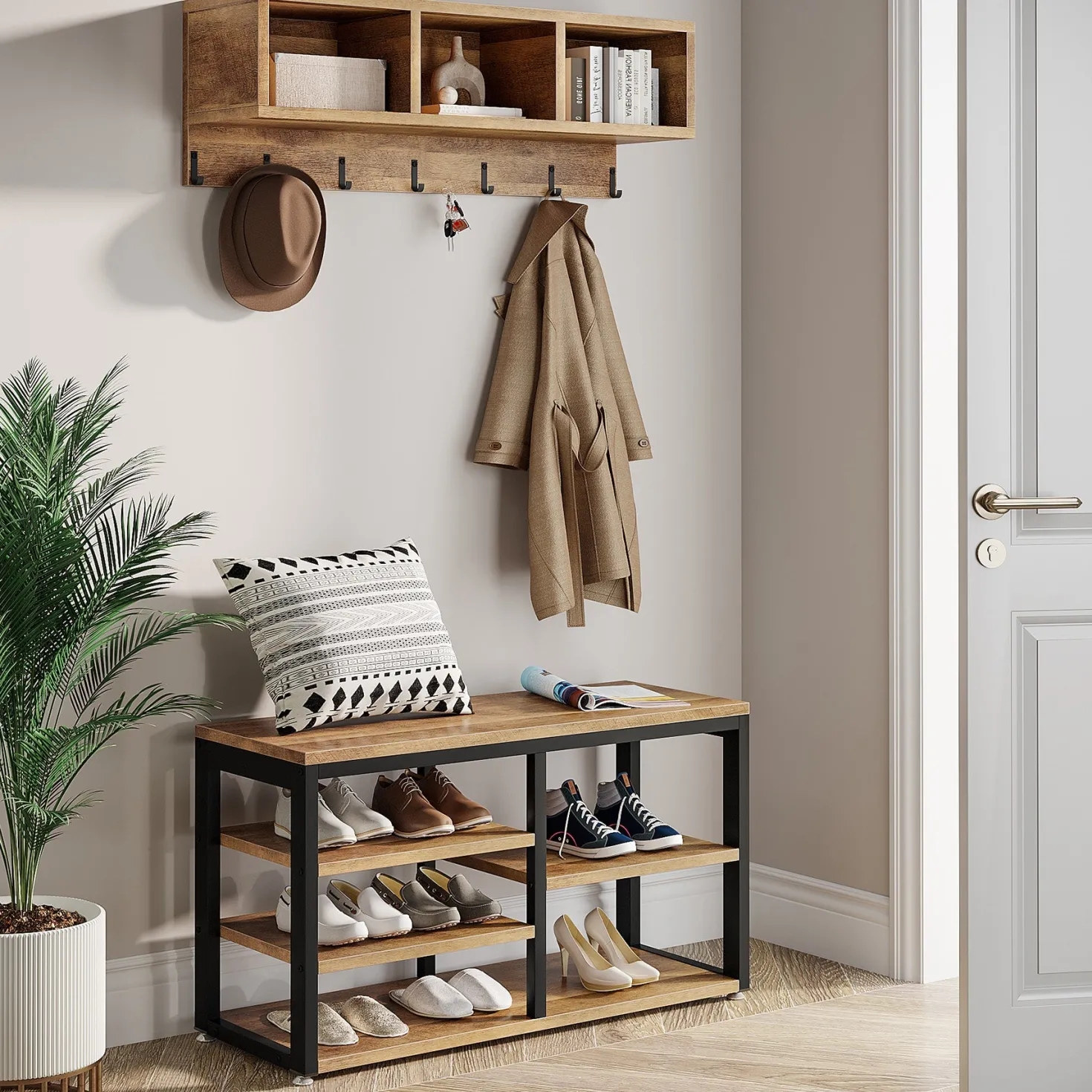 5 IN 1 Coat Rack Shoe Bench Set, Hall Tree with Wall Mounted Shelf