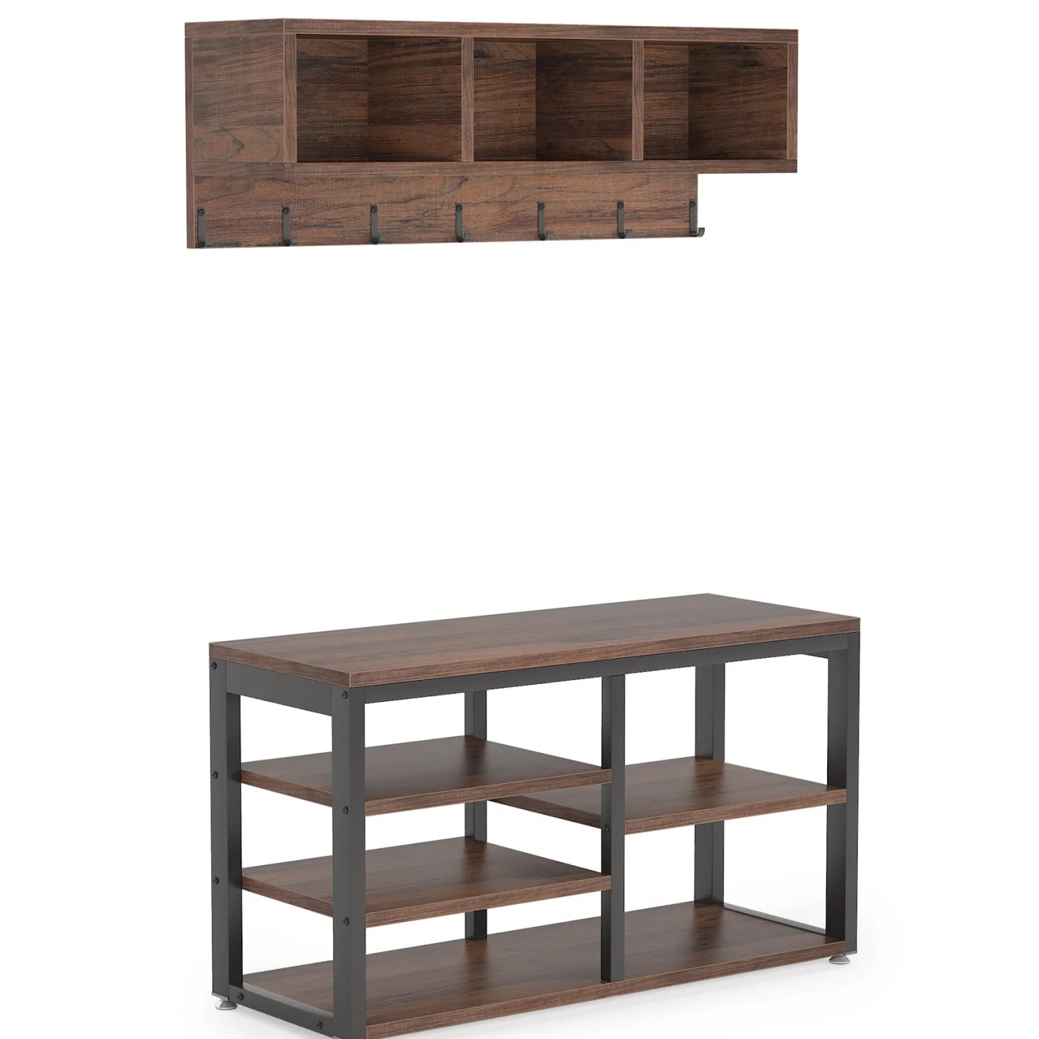 5 IN 1 Coat Rack Shoe Bench Set, Hall Tree with Wall Mounted Shelf