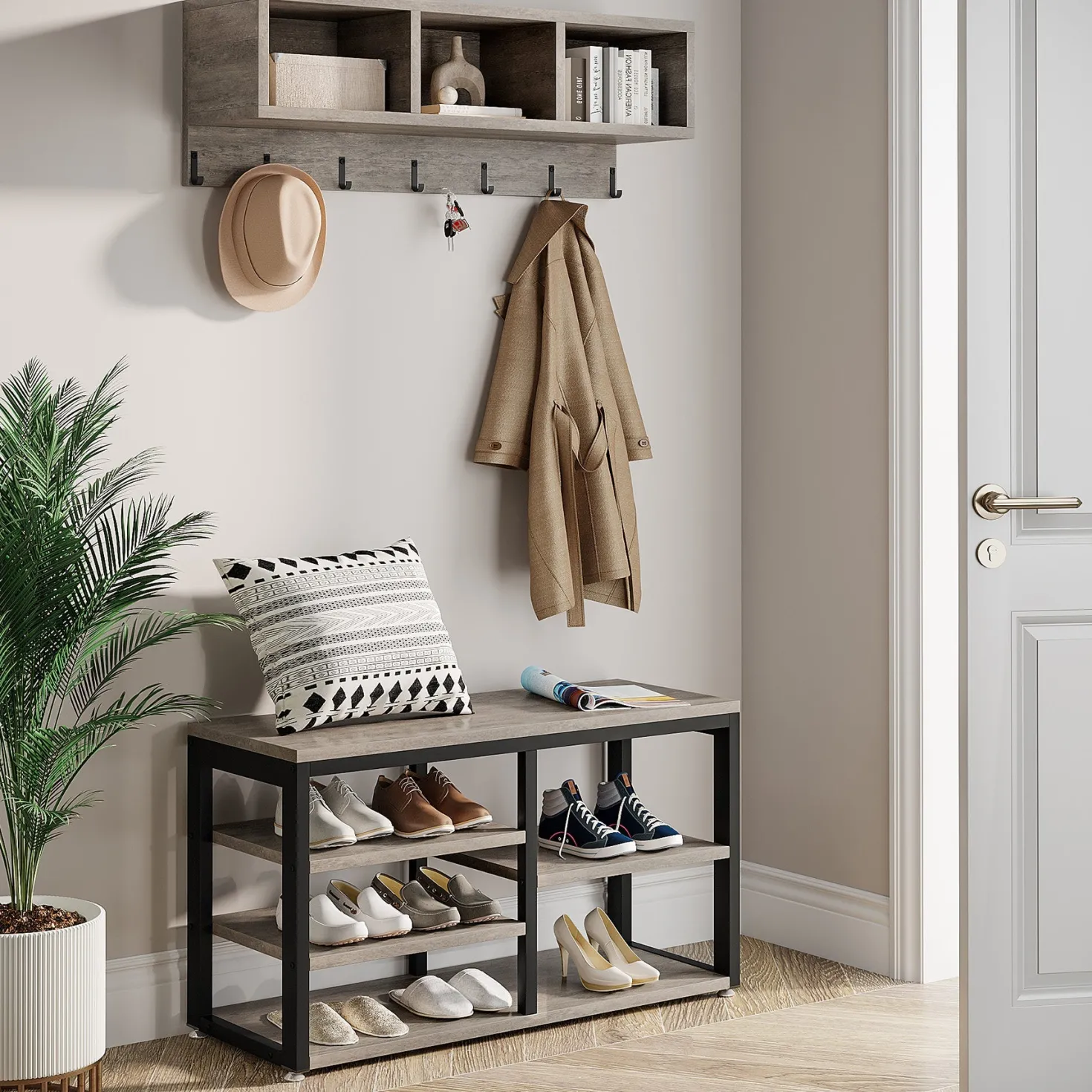 5 IN 1 Coat Rack Shoe Bench Set, Hall Tree with Wall Mounted Shelf
