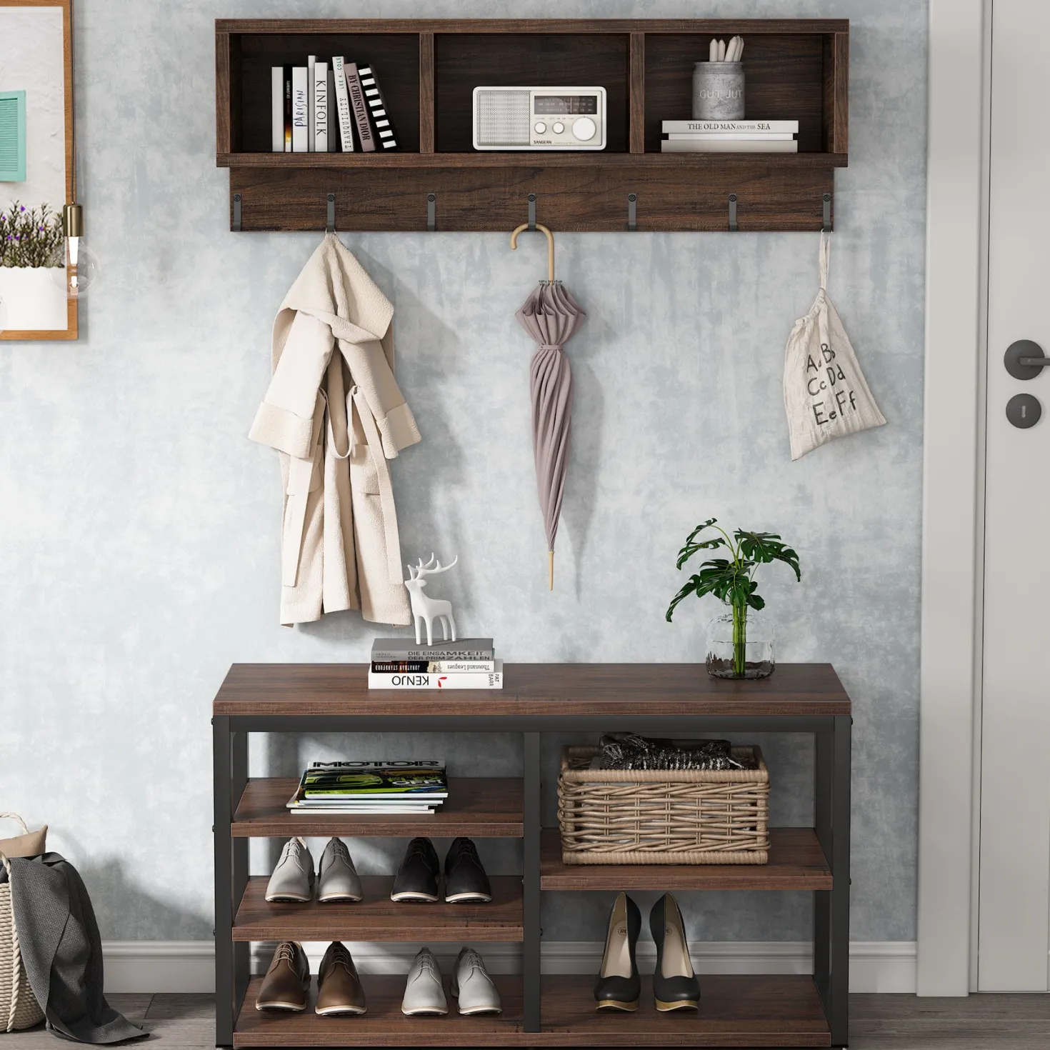 5 IN 1 Coat Rack Shoe Bench Set, Hall Tree with Wall Mounted Shelf