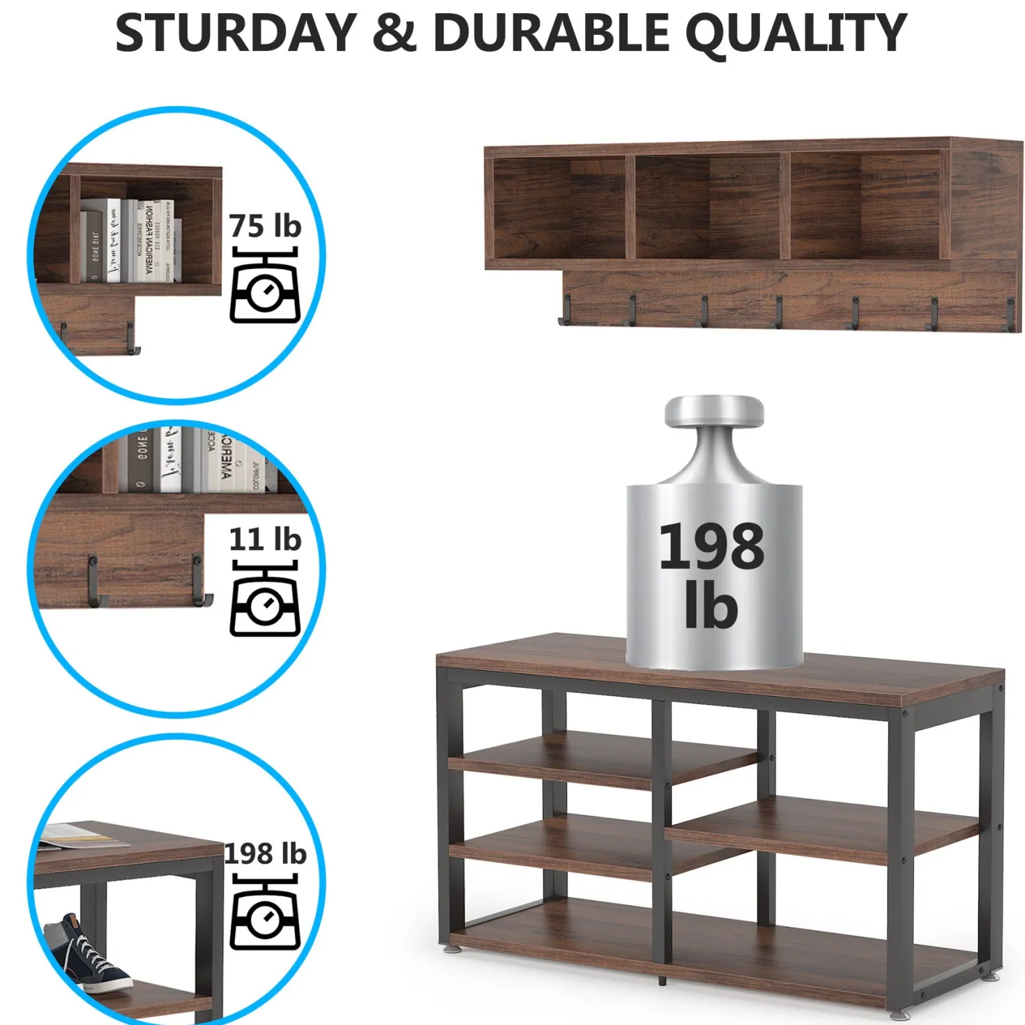 5 IN 1 Coat Rack Shoe Bench Set, Hall Tree with Wall Mounted Shelf