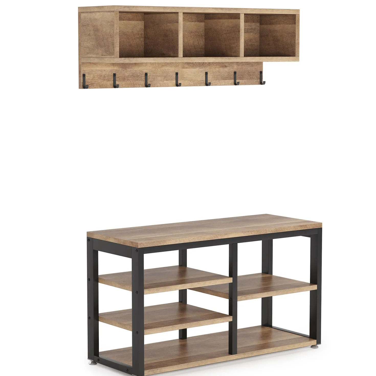 5 IN 1 Coat Rack Shoe Bench Set, Hall Tree with Wall Mounted Shelf