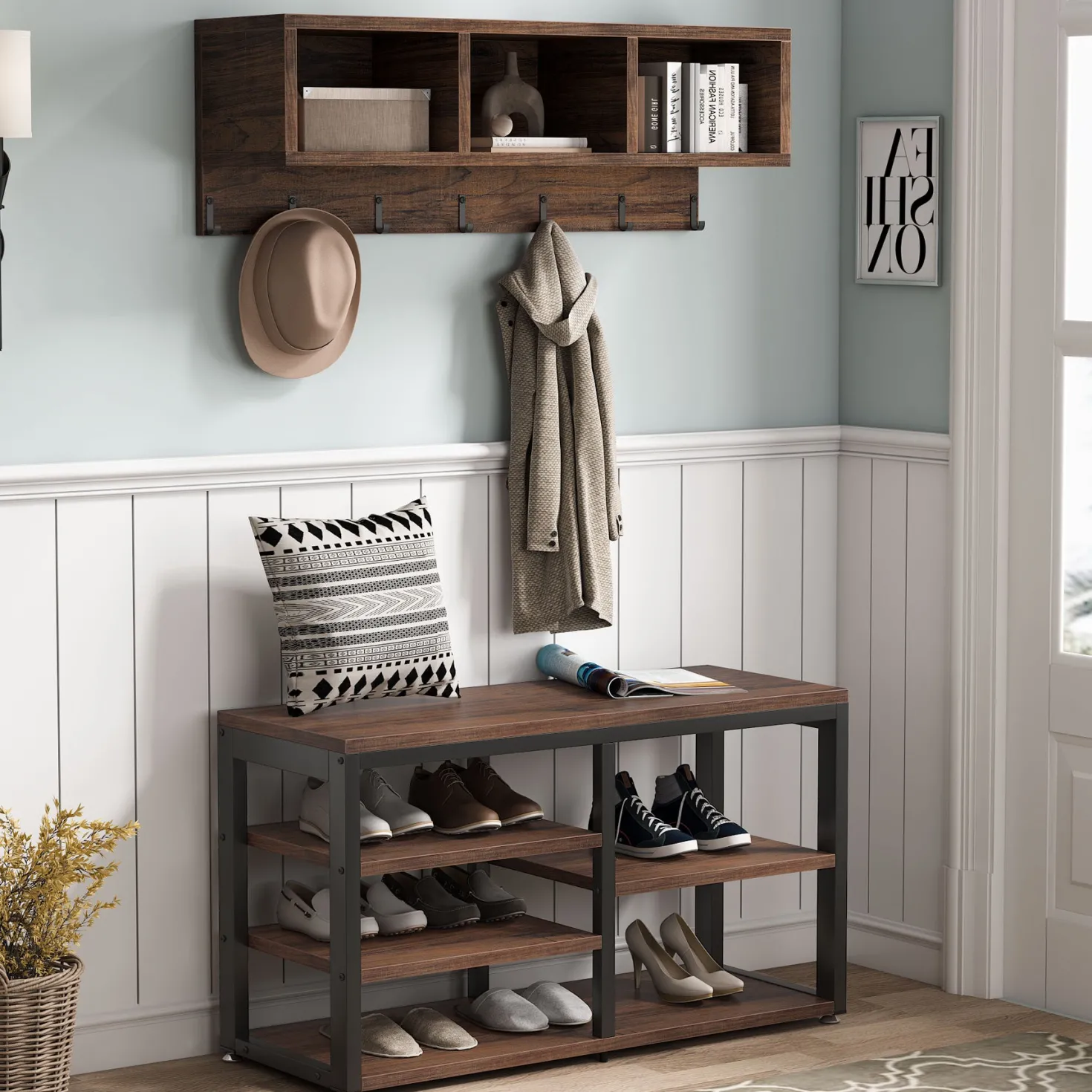 5 IN 1 Coat Rack Shoe Bench Set, Hall Tree with Wall Mounted Shelf