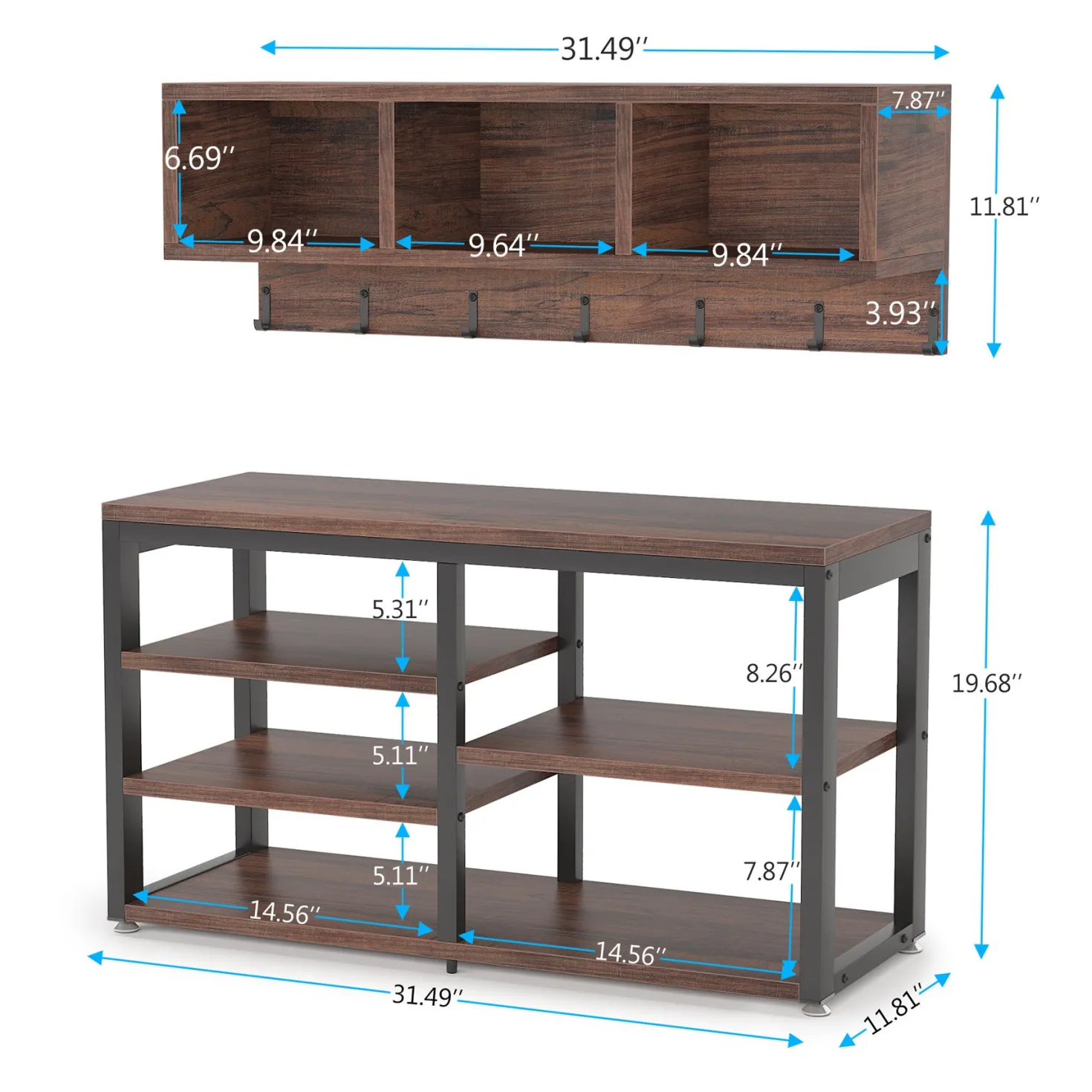 5 IN 1 Coat Rack Shoe Bench Set, Hall Tree with Wall Mounted Shelf