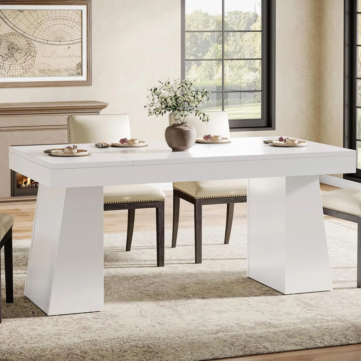 55 Inch Farmhouse Double Pedestal Dining Table, Rectangular Table for 4-6 in Small Spaces