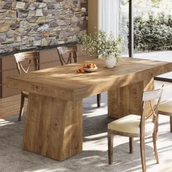 55 Inch Farmhouse Double Pedestal Dining Table, Rectangular Table for 4-6 in Small Spaces
