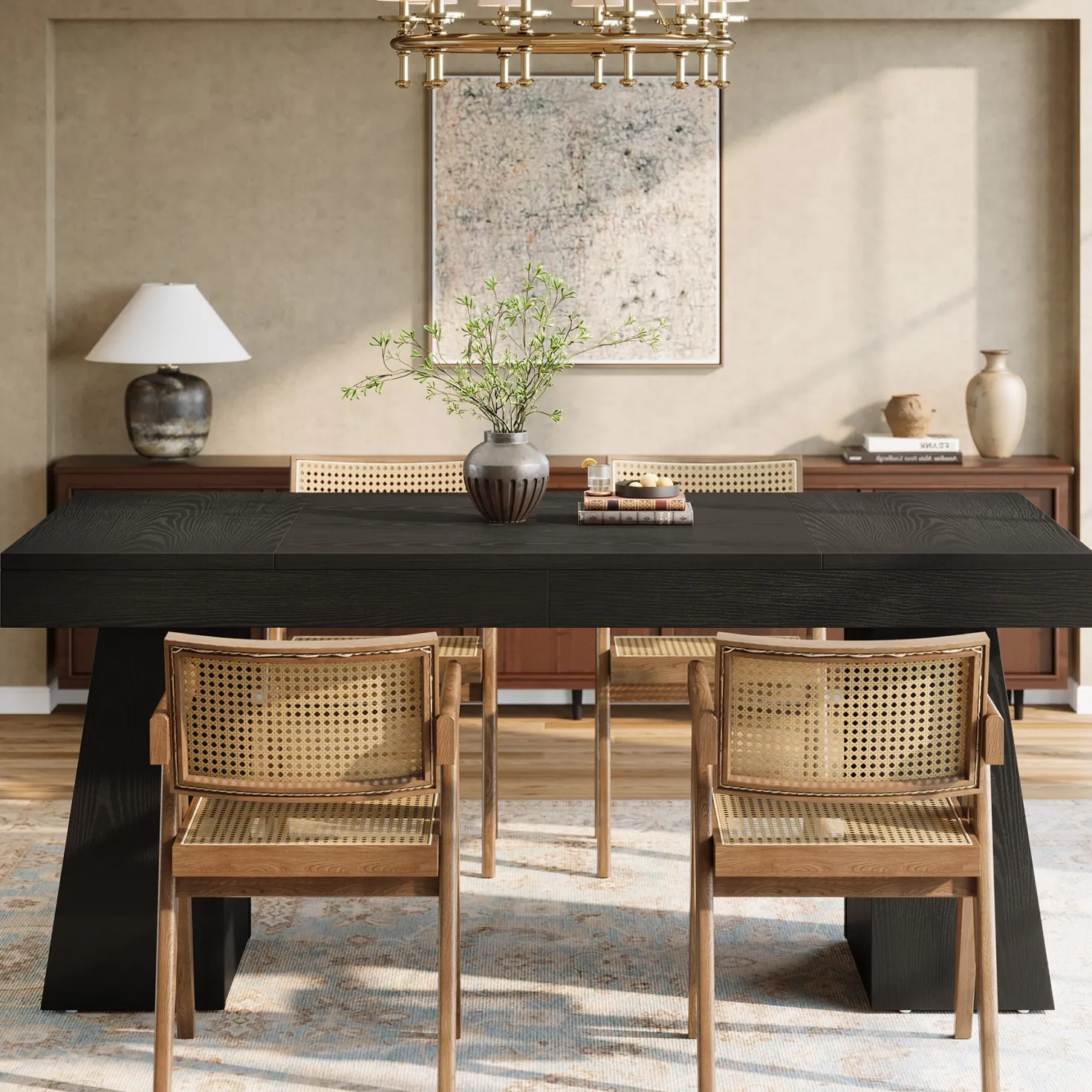 55 Inch Farmhouse Double Pedestal Dining Table, Rectangular Table for 4-6 in Small Spaces