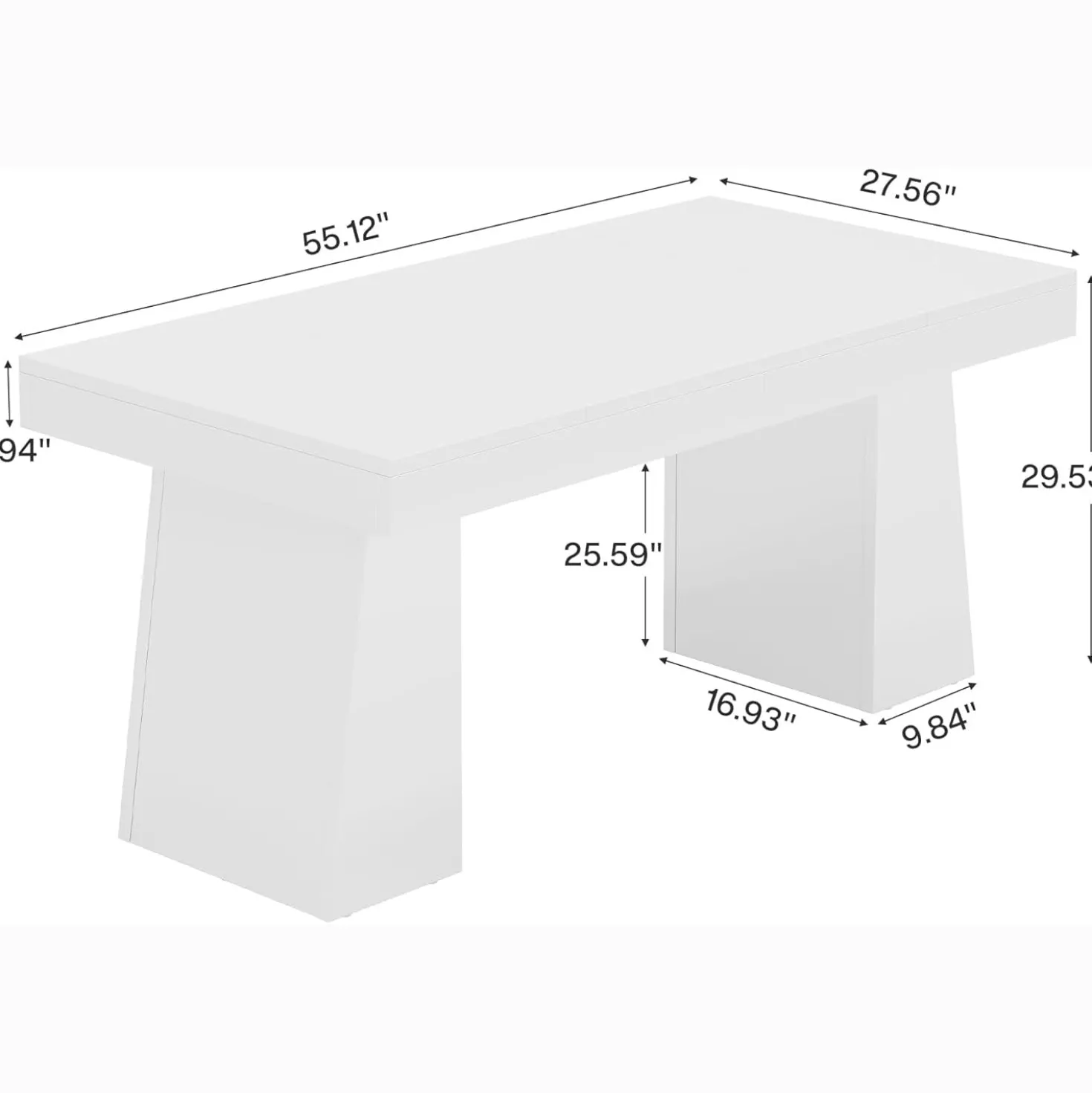 55 Inch Farmhouse Double Pedestal Dining Table, Rectangular Table for 4-6 in Small Spaces