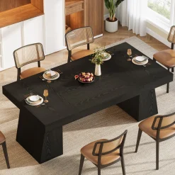 55 Inch Farmhouse Double Pedestal Dining Table, Rectangular Table for 4-6 in Small Spaces
