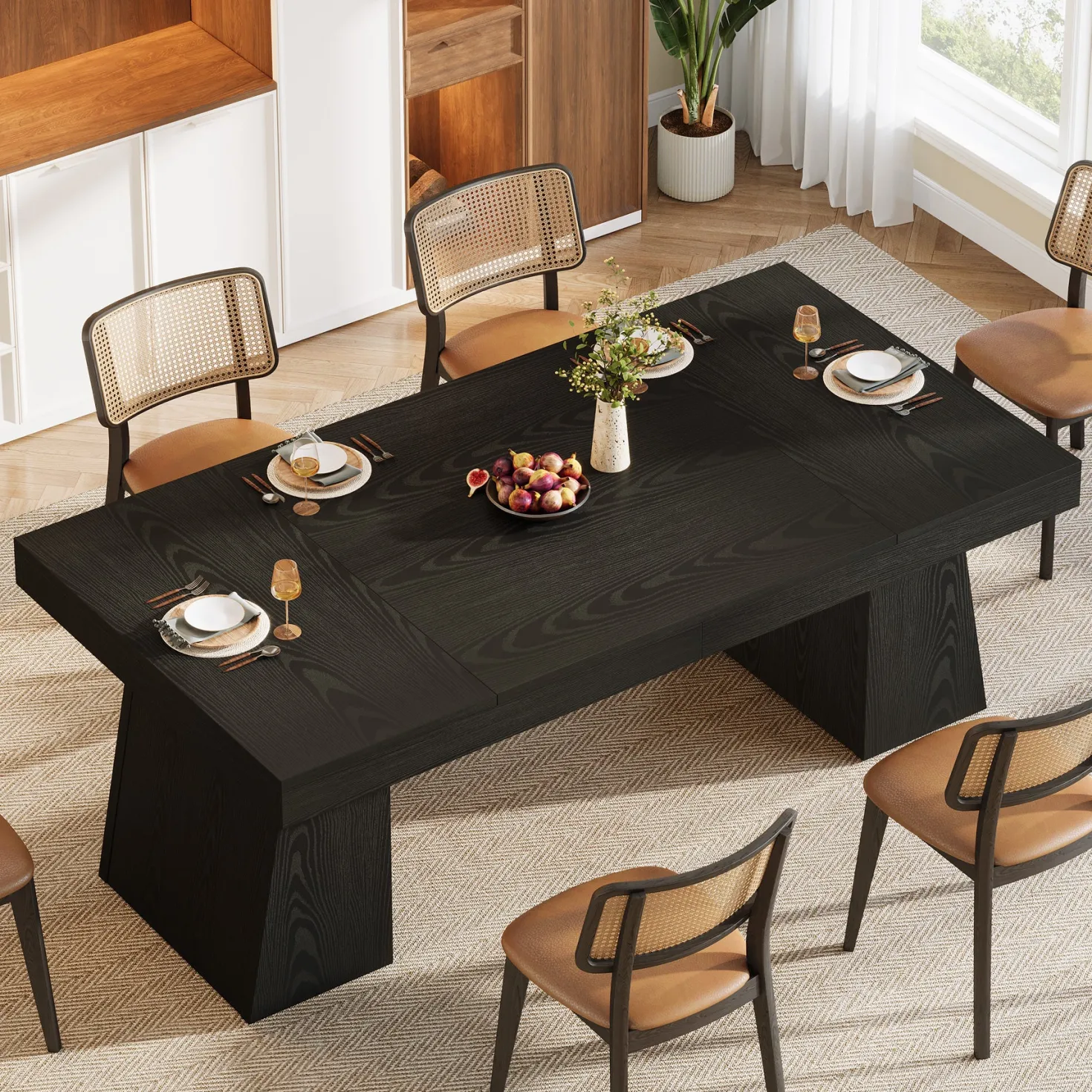 55 Inch Farmhouse Double Pedestal Dining Table, Rectangular Table for 4-6 in Small Spaces