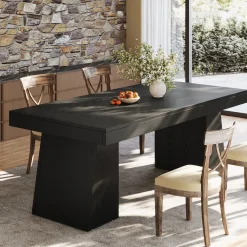 55 Inch Farmhouse Double Pedestal Dining Table, Rectangular Table for 4-6 in Small Spaces