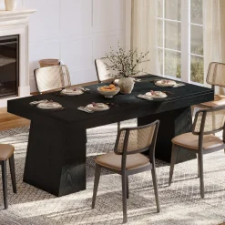 55 Inch Farmhouse Double Pedestal Dining Table, Rectangular Table for 4-6 in Small Spaces