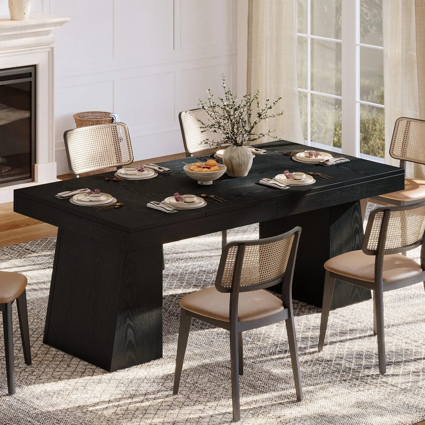 55 Inch Farmhouse Double Pedestal Dining Table, Rectangular Table for 4-6 in Small Spaces
