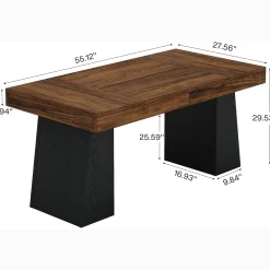 55 Inch Farmhouse Double Pedestal Dining Table, Rectangular Table for 4-6 in Small Spaces