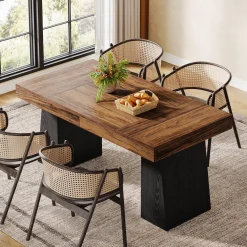 55 Inch Farmhouse Double Pedestal Dining Table, Rectangular Table for 4-6 in Small Spaces