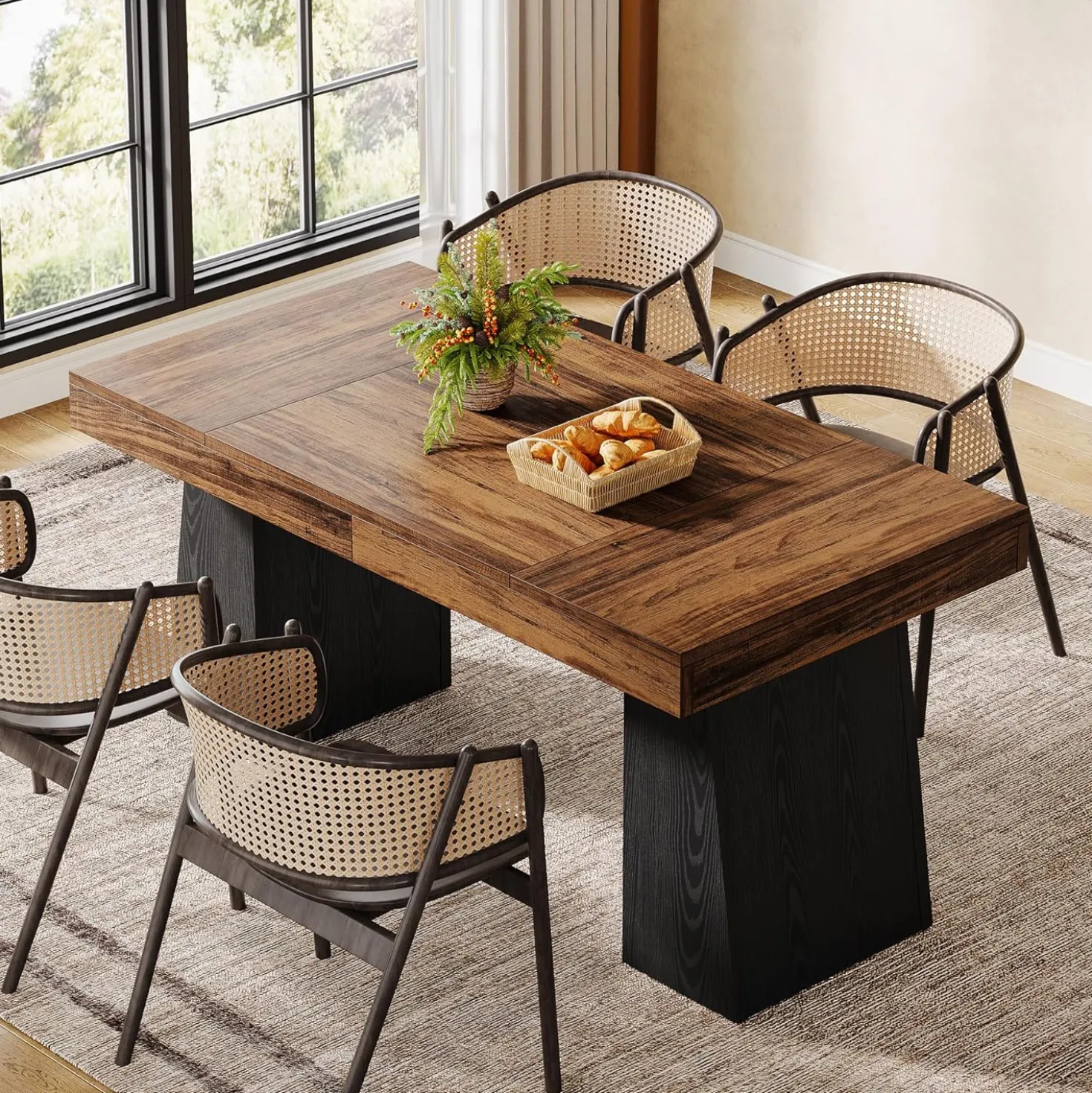 55 Inch Farmhouse Double Pedestal Dining Table, Rectangular Table for 4-6 in Small Spaces