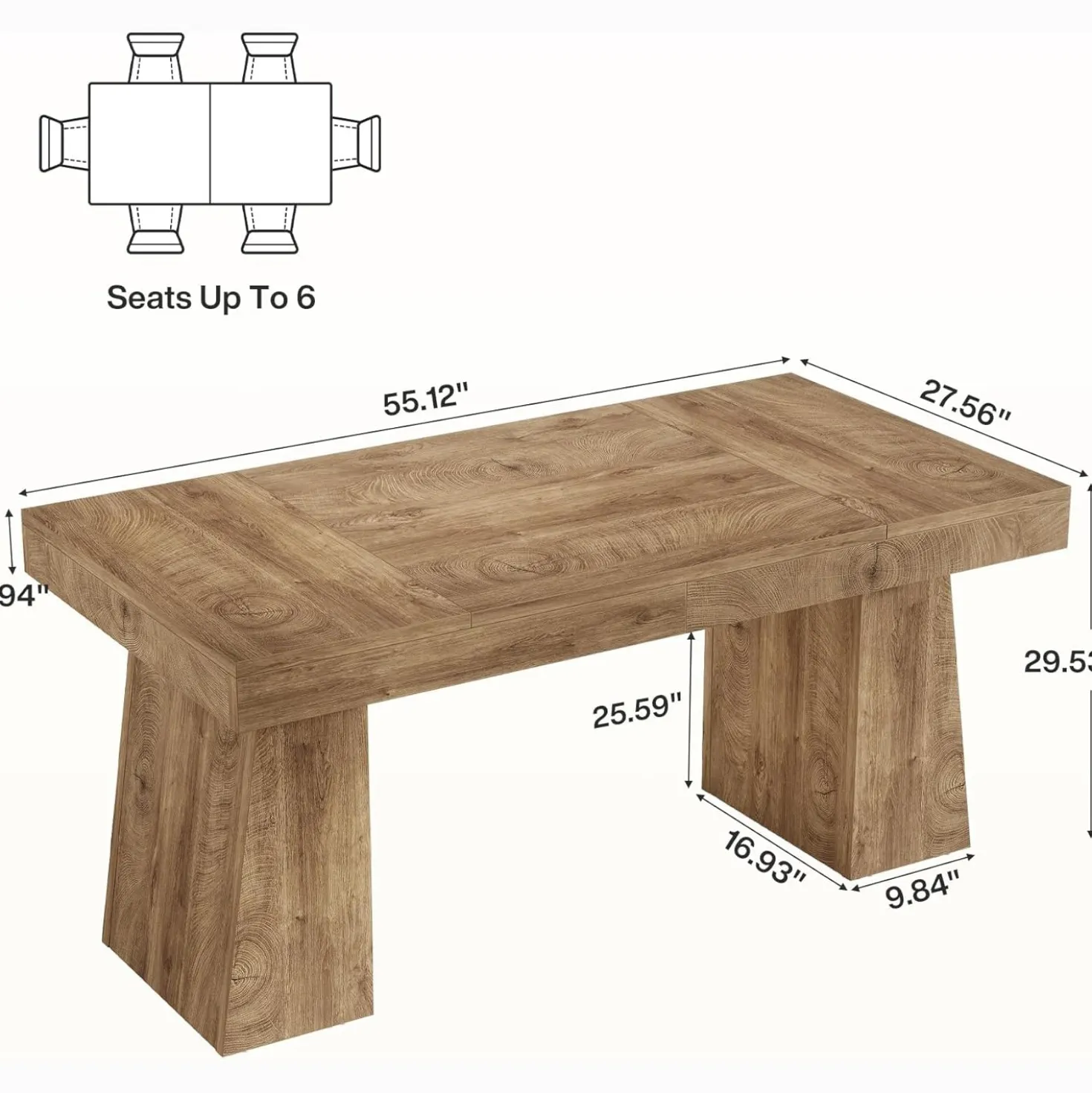 55 Inch Farmhouse Double Pedestal Dining Table, Rectangular Table for 4-6 in Small Spaces