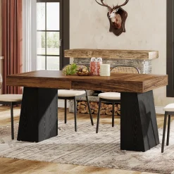 55 Inch Farmhouse Double Pedestal Dining Table, Rectangular Table for 4-6 in Small Spaces