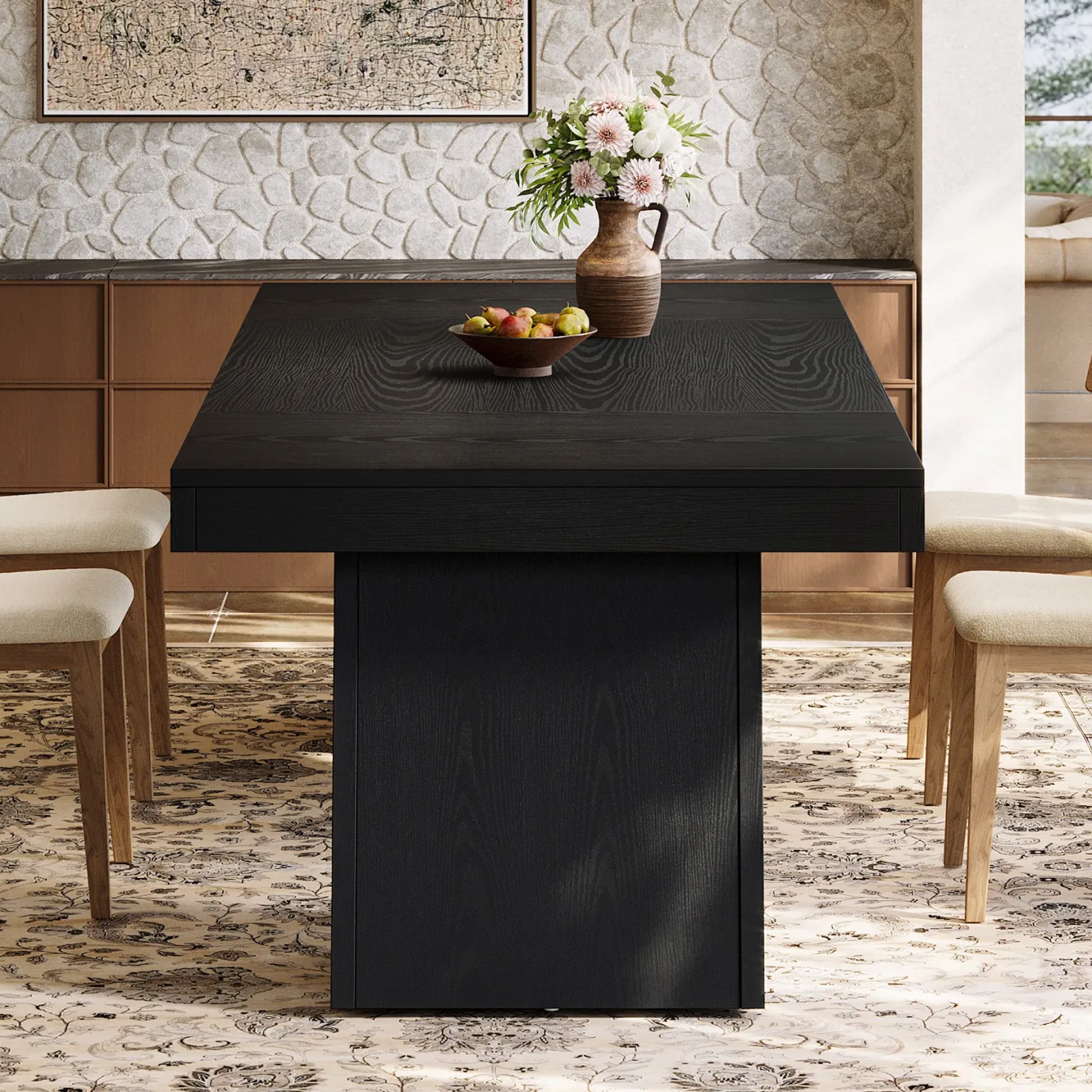 55 Inch Farmhouse Double Pedestal Dining Table, Rectangular Table for 4-6 in Small Spaces