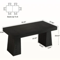 55 Inch Farmhouse Double Pedestal Dining Table, Rectangular Table for 4-6 in Small Spaces