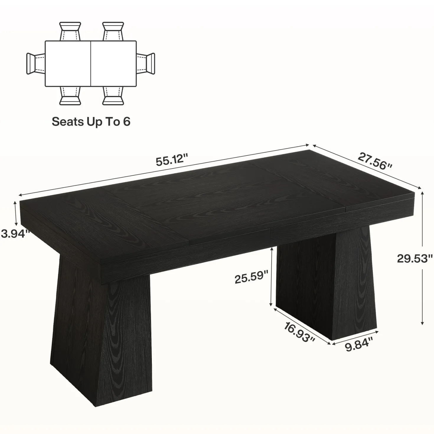 55 Inch Farmhouse Double Pedestal Dining Table, Rectangular Table for 4-6 in Small Spaces