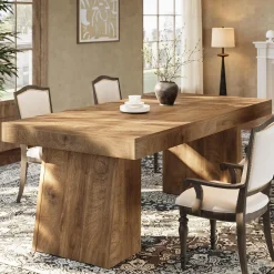 55 Inch Farmhouse Double Pedestal Dining Table, Rectangular Table for 4-6 in Small Spaces