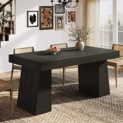 55 Inch Farmhouse Double Pedestal Dining Table, Rectangular Table for 4-6 in Small Spaces