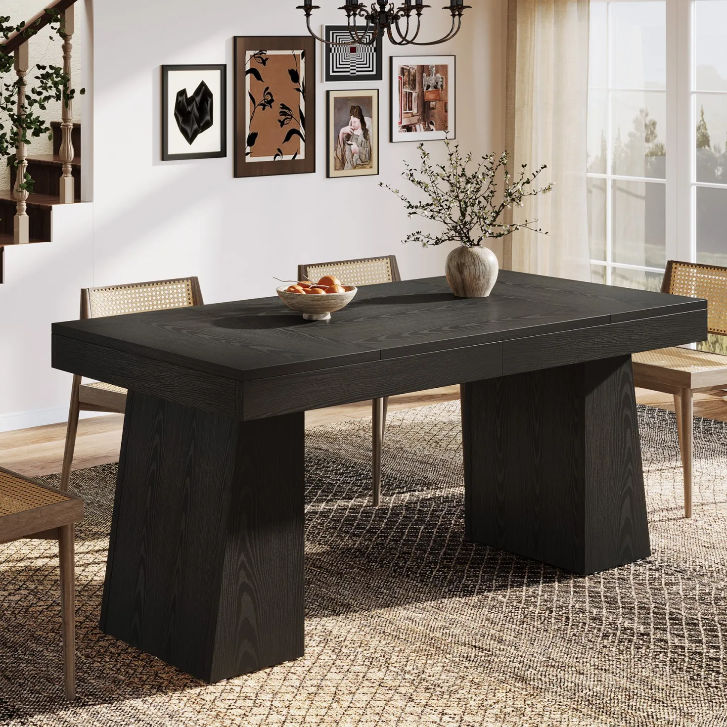 55 Inch Farmhouse Double Pedestal Dining Table, Rectangular Table for 4-6 in Small Spaces