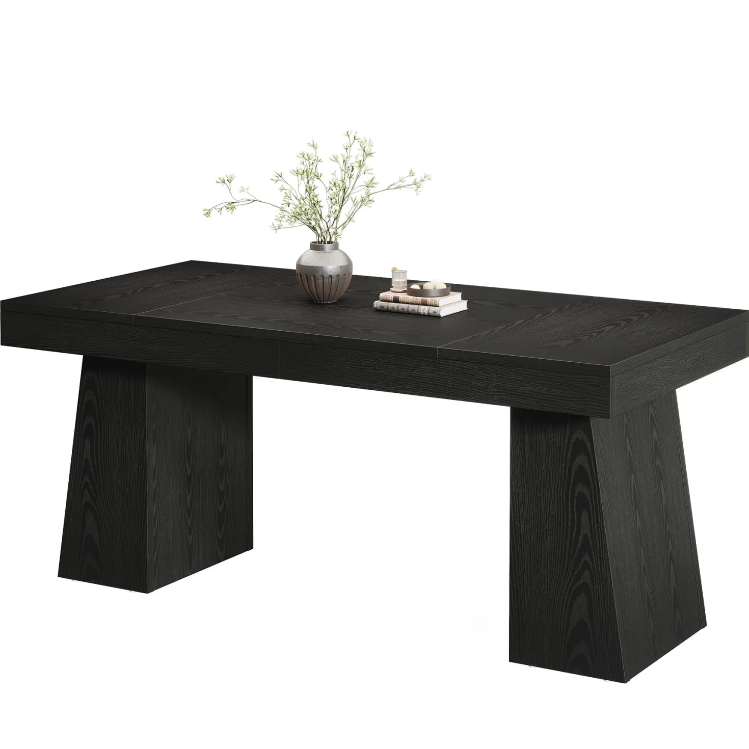 55 Inch Farmhouse Double Pedestal Dining Table, Rectangular Table for 4-6 in Small Spaces