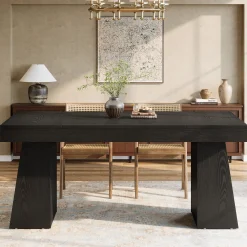 55 Inch Farmhouse Double Pedestal Dining Table, Rectangular Table for 4-6 in Small Spaces
