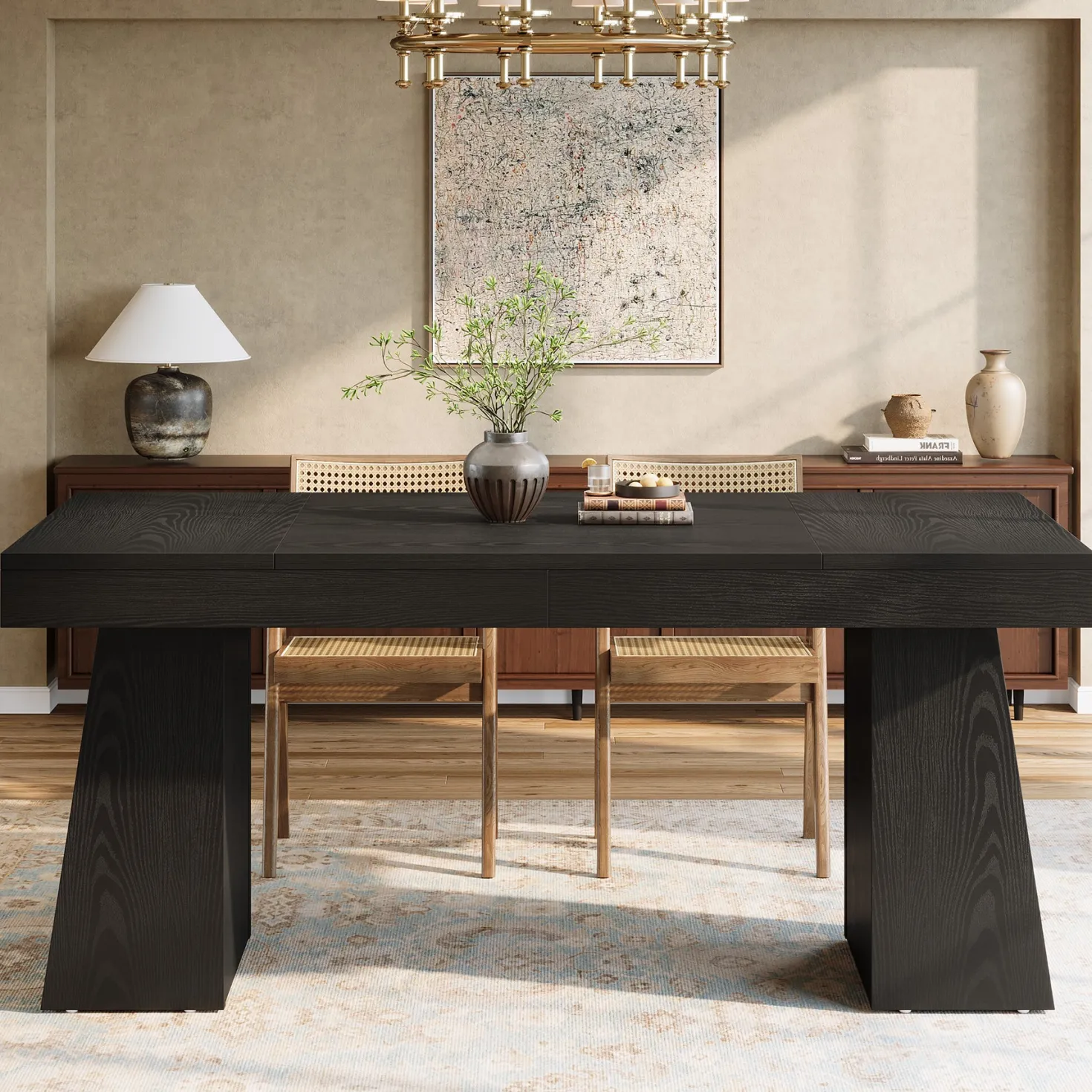 55 Inch Farmhouse Double Pedestal Dining Table, Rectangular Table for 4-6 in Small Spaces