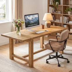 63 Inch Solid Wood Computer Desk, Farmhouse Executive Office Desk for Home Office Workspace