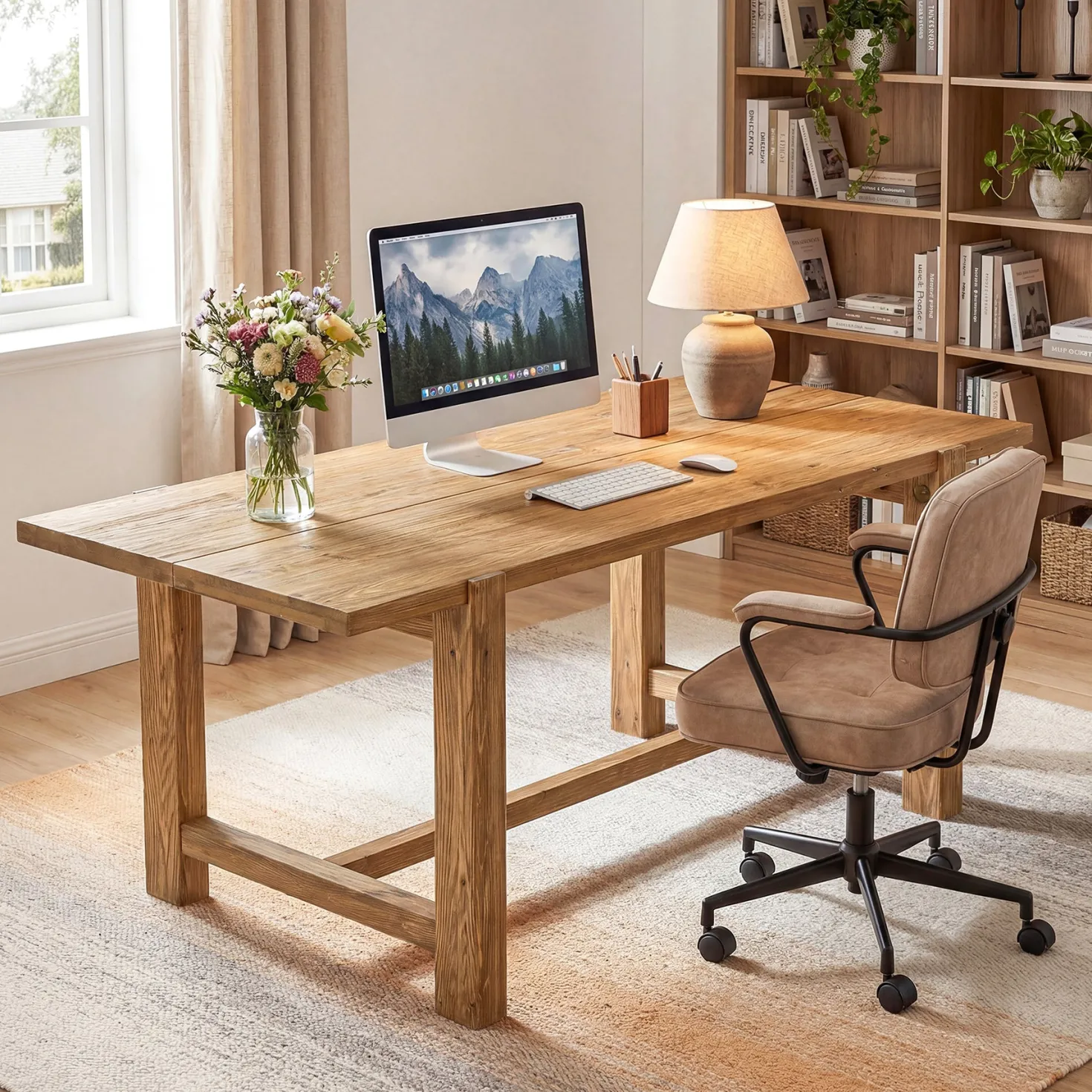 63 Inch Solid Wood Computer Desk, Farmhouse Executive Office Desk for Home Office Workspace