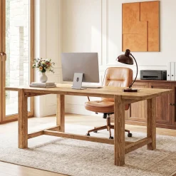63 Inch Solid Wood Computer Desk, Farmhouse Executive Office Desk for Home Office Workspace