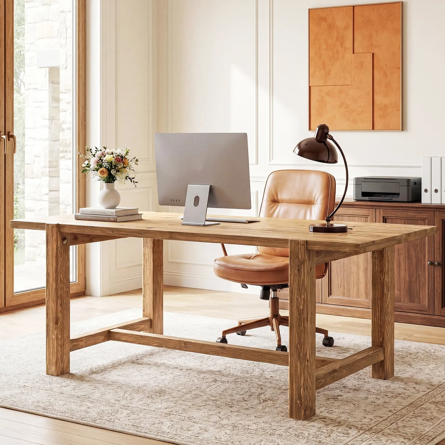 63 Inch Solid Wood Computer Desk, Farmhouse Executive Office Desk for Home Office Workspace