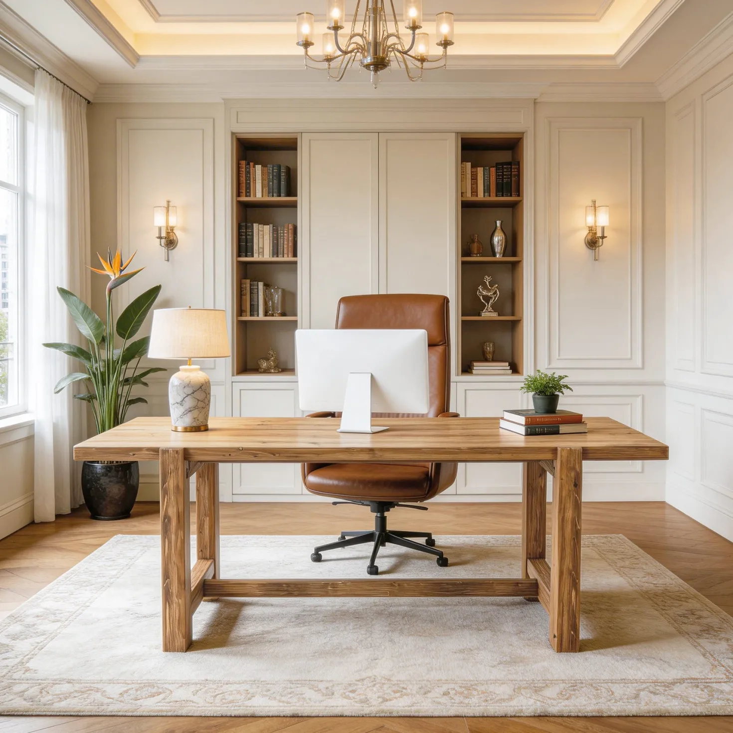 63 Inch Solid Wood Computer Desk, Farmhouse Executive Office Desk for Home Office Workspace