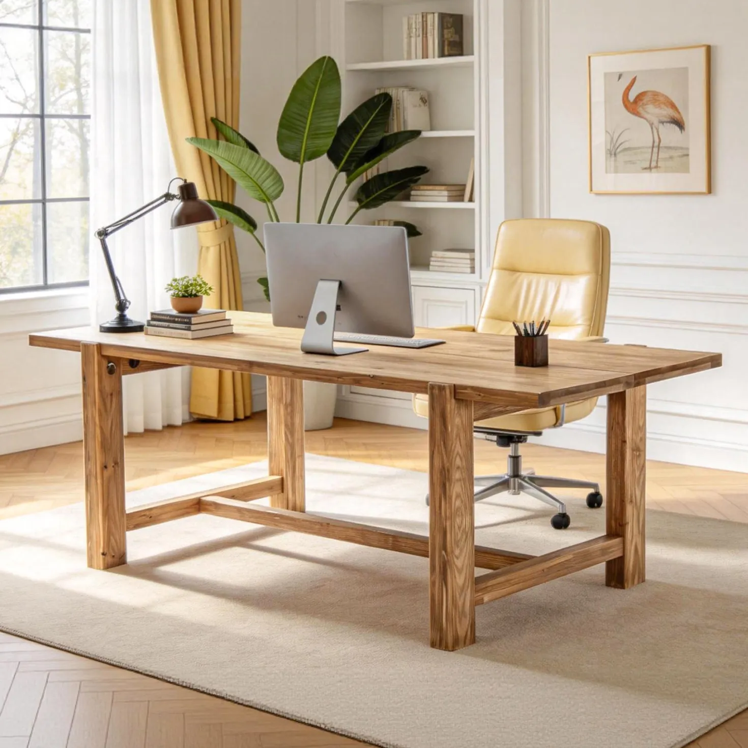 63 Inch Solid Wood Computer Desk, Farmhouse Executive Office Desk for Home Office Workspace