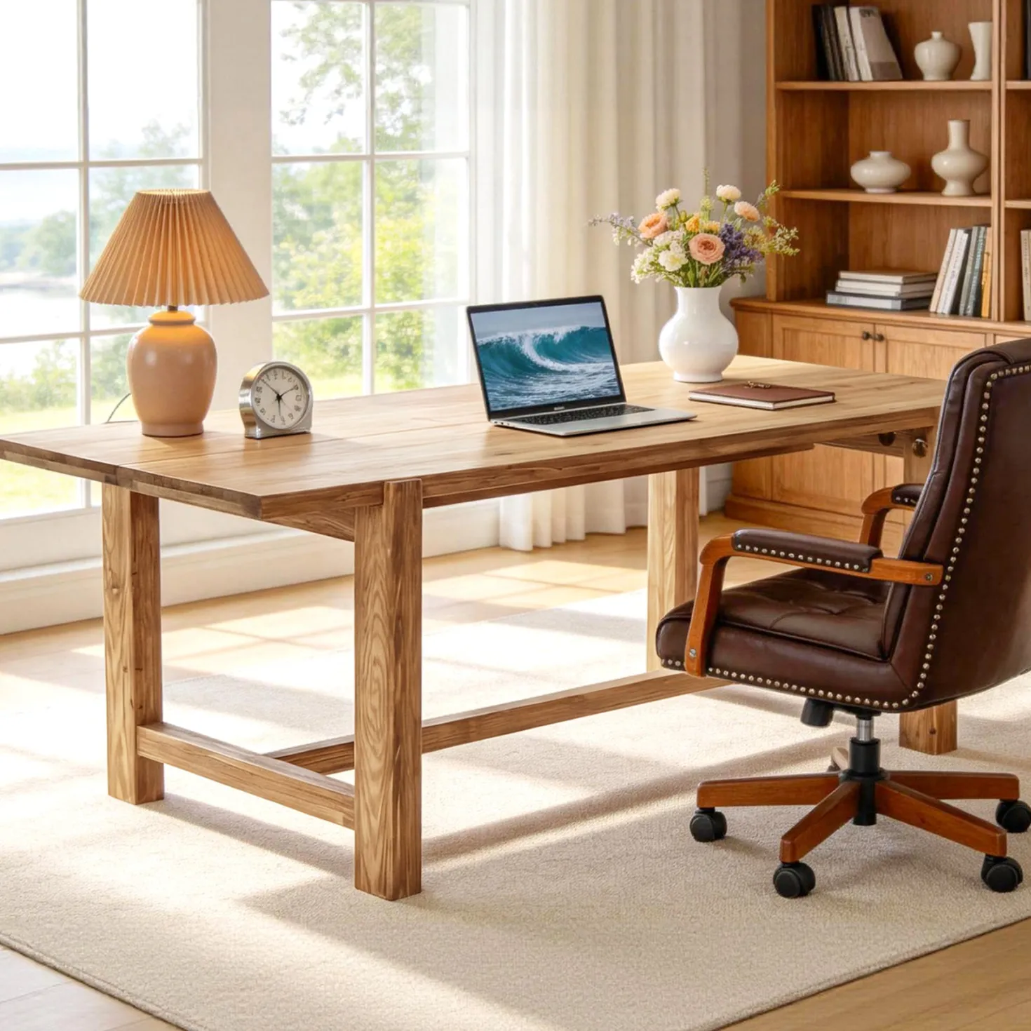 63 Inch Solid Wood Computer Desk, Farmhouse Executive Office Desk for Home Office Workspace