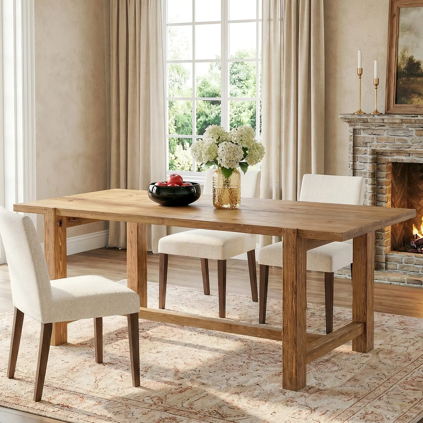 63 Inch Solid Wood Dining Table, Farmhouse Rectangular Table for Kitchen Dining Room 4-6 People