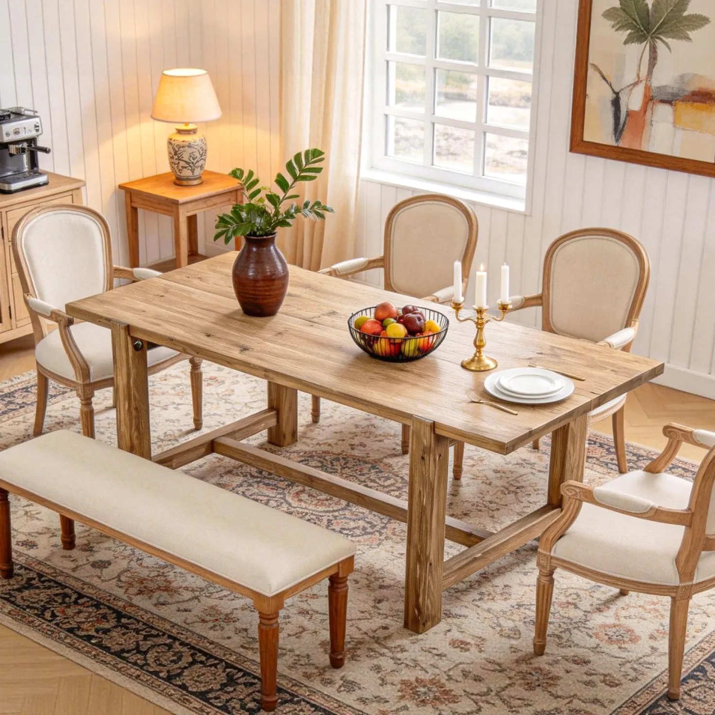 63 Inch Solid Wood Dining Table, Farmhouse Rectangular Table for Kitchen Dining Room 4-6 People